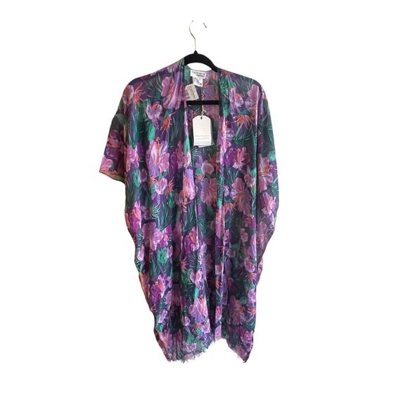 NEW Pool to Party Floral Fringe Swim COVER UP KIMONO Tropical Purple 100% Cotton - Picture 2 of 12